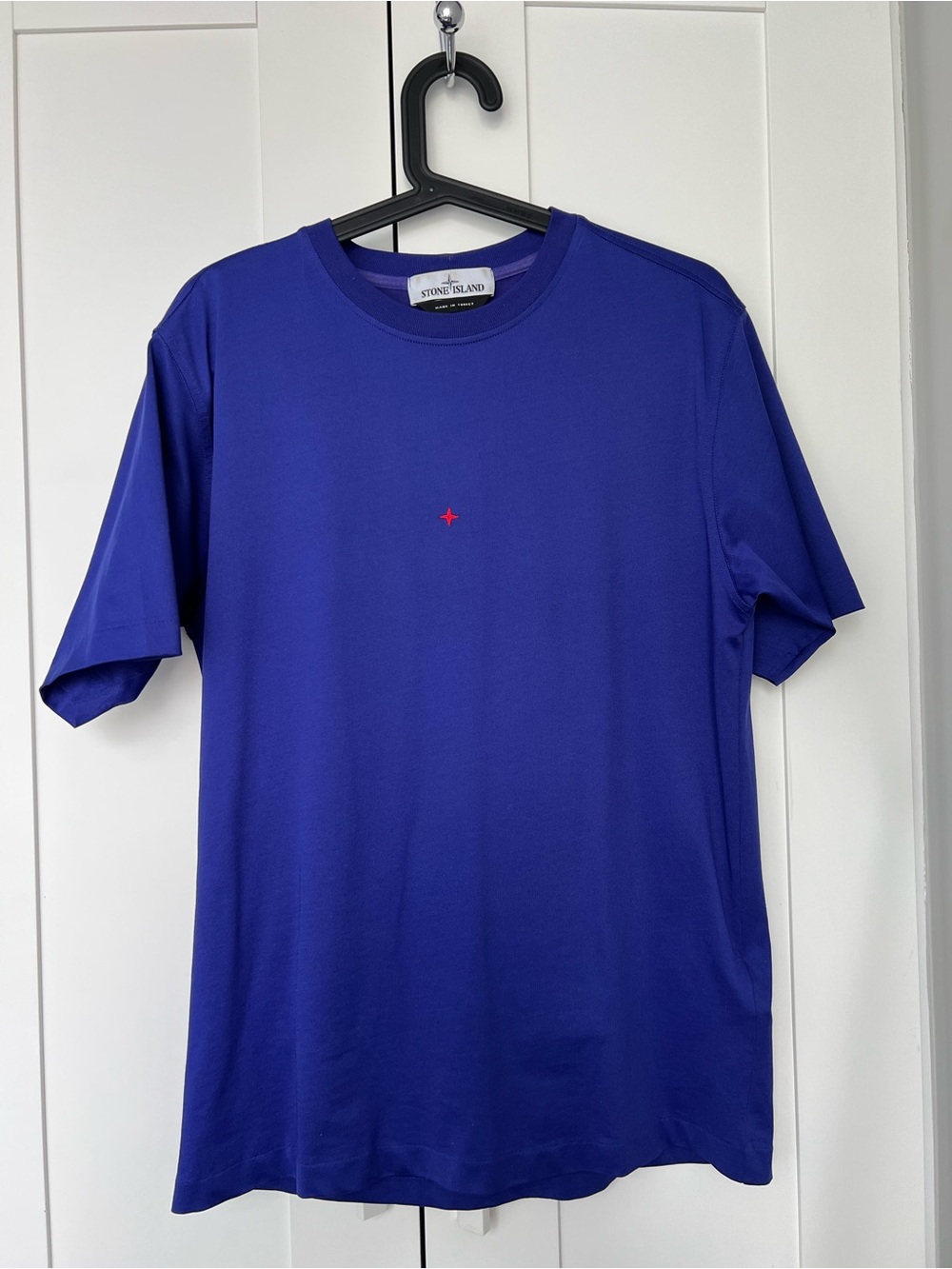 Stone Island Short-Sleeve Crew T-Shirt in Cobalt Blue with Red Emblem